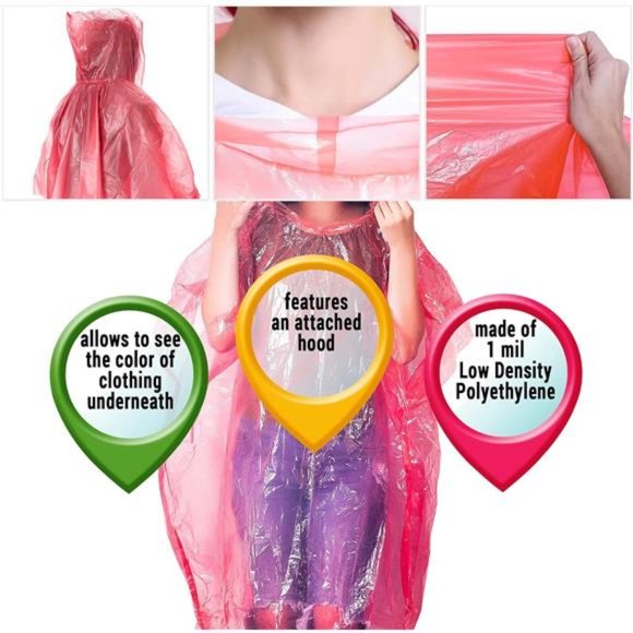 Red Emergency Storm Poncho. One size fits all. Disposable Polyethylene Rain Ponc - Picture 4 of 7